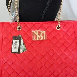 Badgley Mischka Red Quilted Tote with Gold Chain Strap  NWT